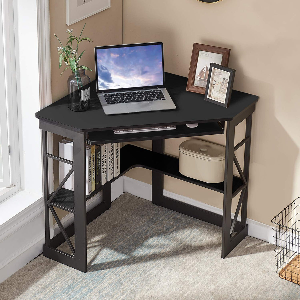 Black Corner Computer Desk with Keyboard Tray O6634