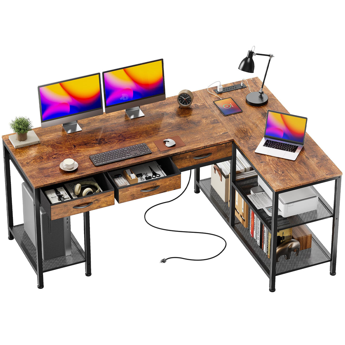 55 Inch L Shaped Office Desk with Power Outlets and Type-C Port C265
