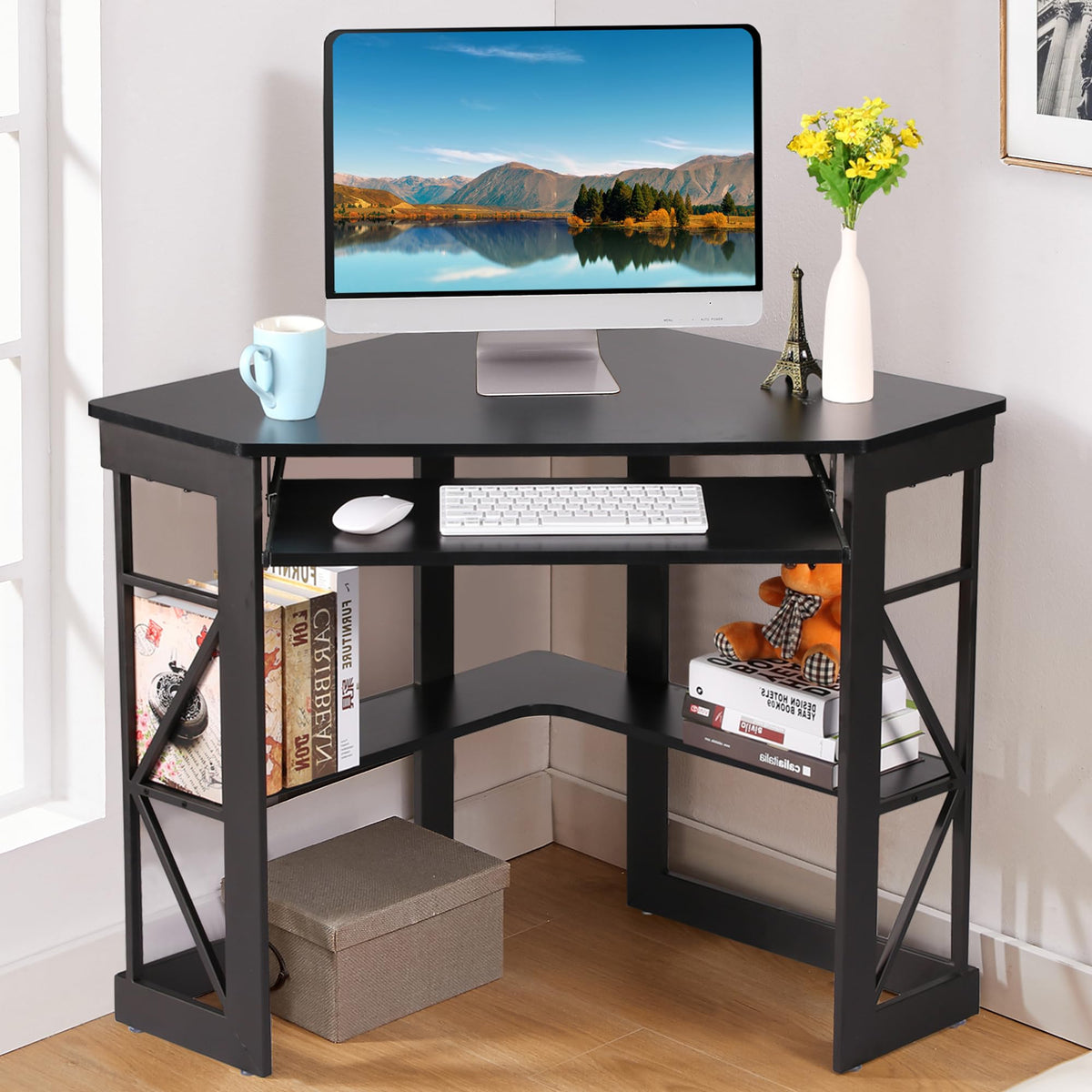 Black Corner Computer Desk with Keyboard Tray O6634