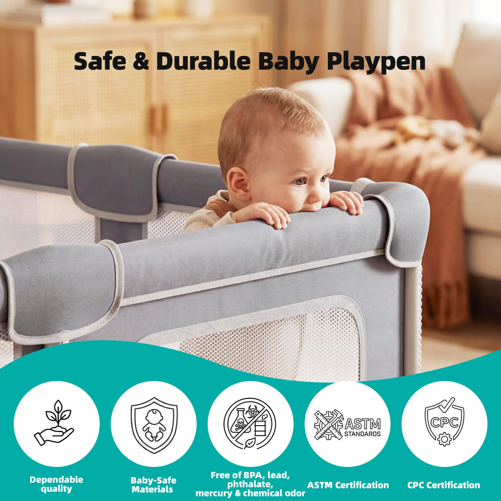 Foldable Baby Playpen with Mat, 71x59 Inches, Grey T63192