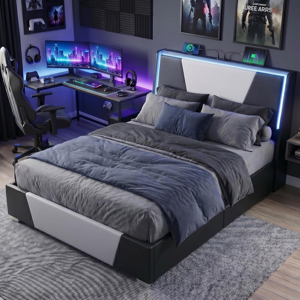 Full Size Bed Frame with Led Lights and 4 Storage Drawers X23716