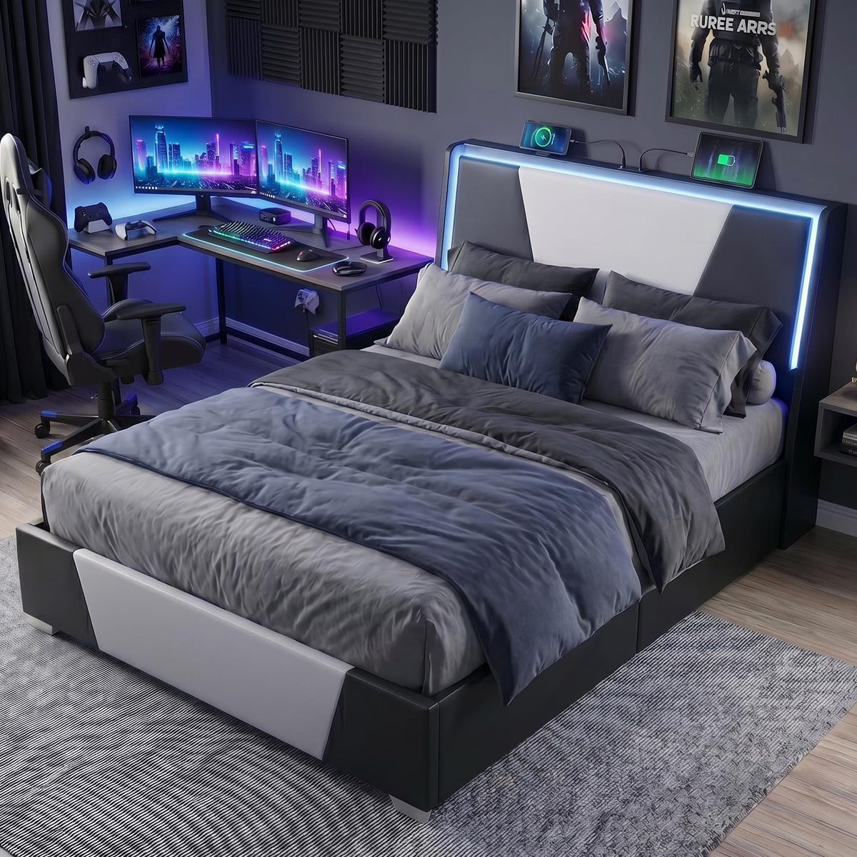 Full Size Bed Frame with Led Lights and 4 Storage Drawers X23716
