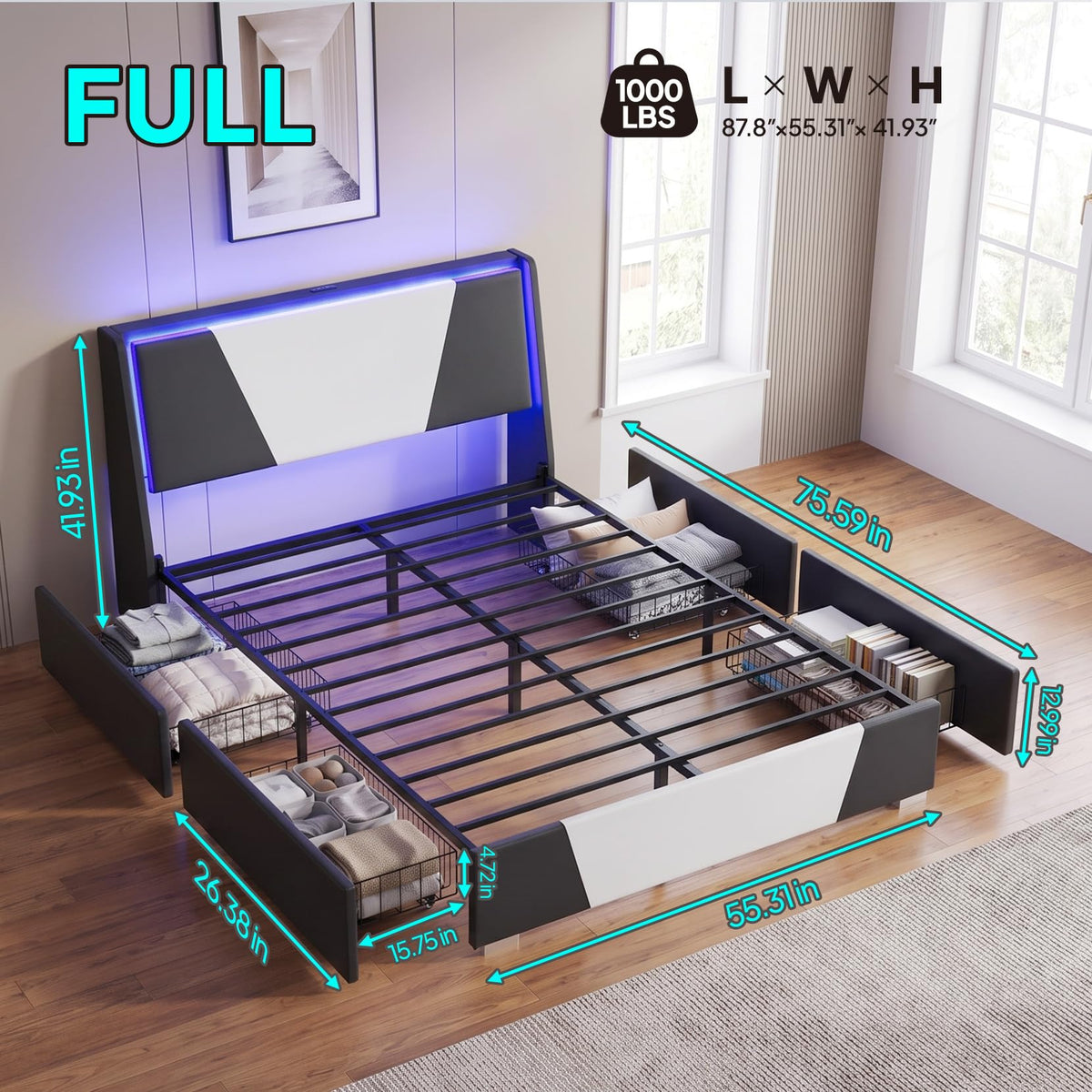 Full Size Bed Frame with Led Lights and 4 Storage Drawers X23716