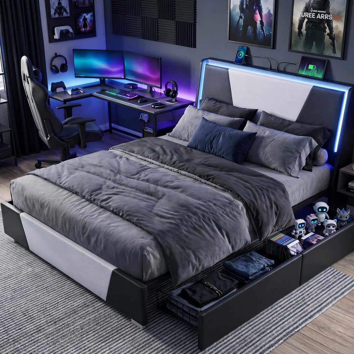 Full Size Bed Frame with Led Lights and 4 Storage Drawers X23716