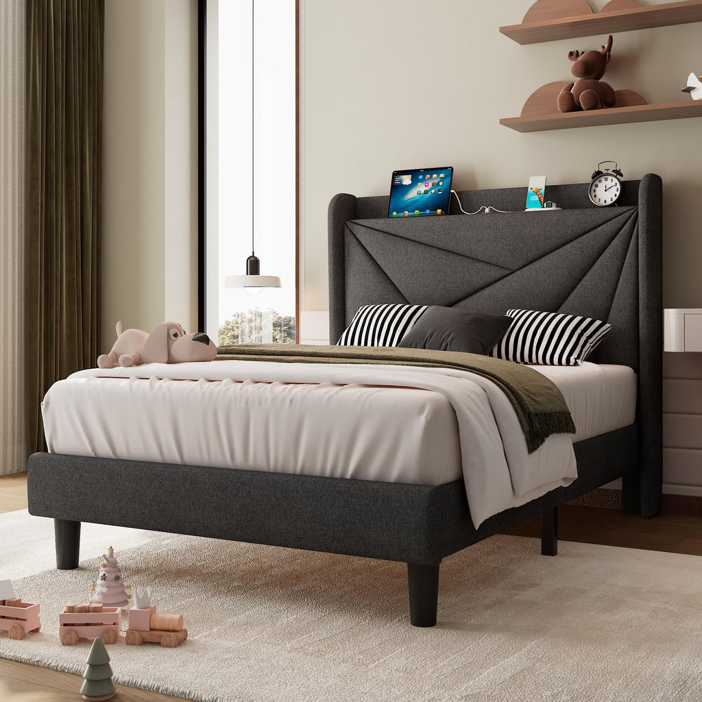 Twin Size Linen Platform Bed Frame with Wingback Upholstered Headboard E3702