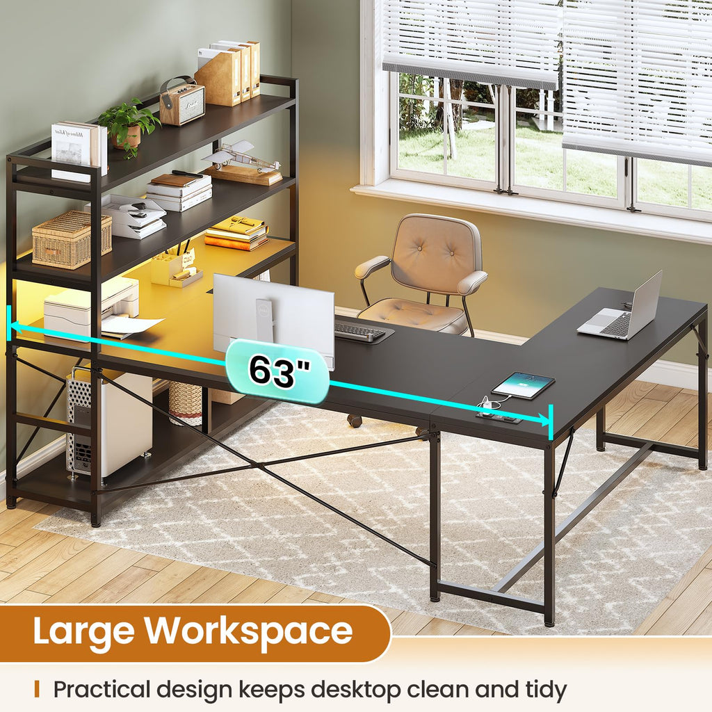 Black L Shaped Gaming Desk with Power Outlet and Storage Shelves F1368