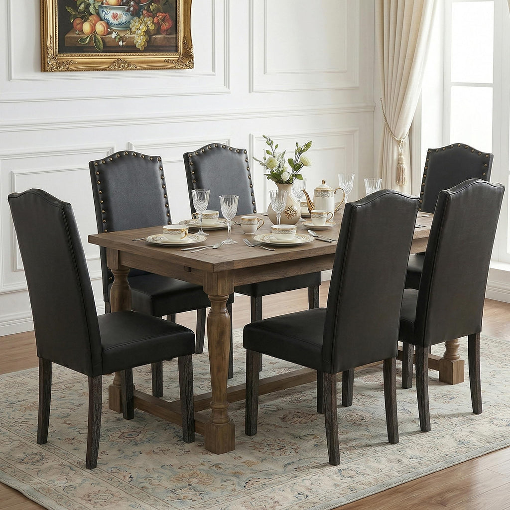 PU Dining Chair Set of 2 Upholstered with Copper Nails and Solid Wood Legs X87376