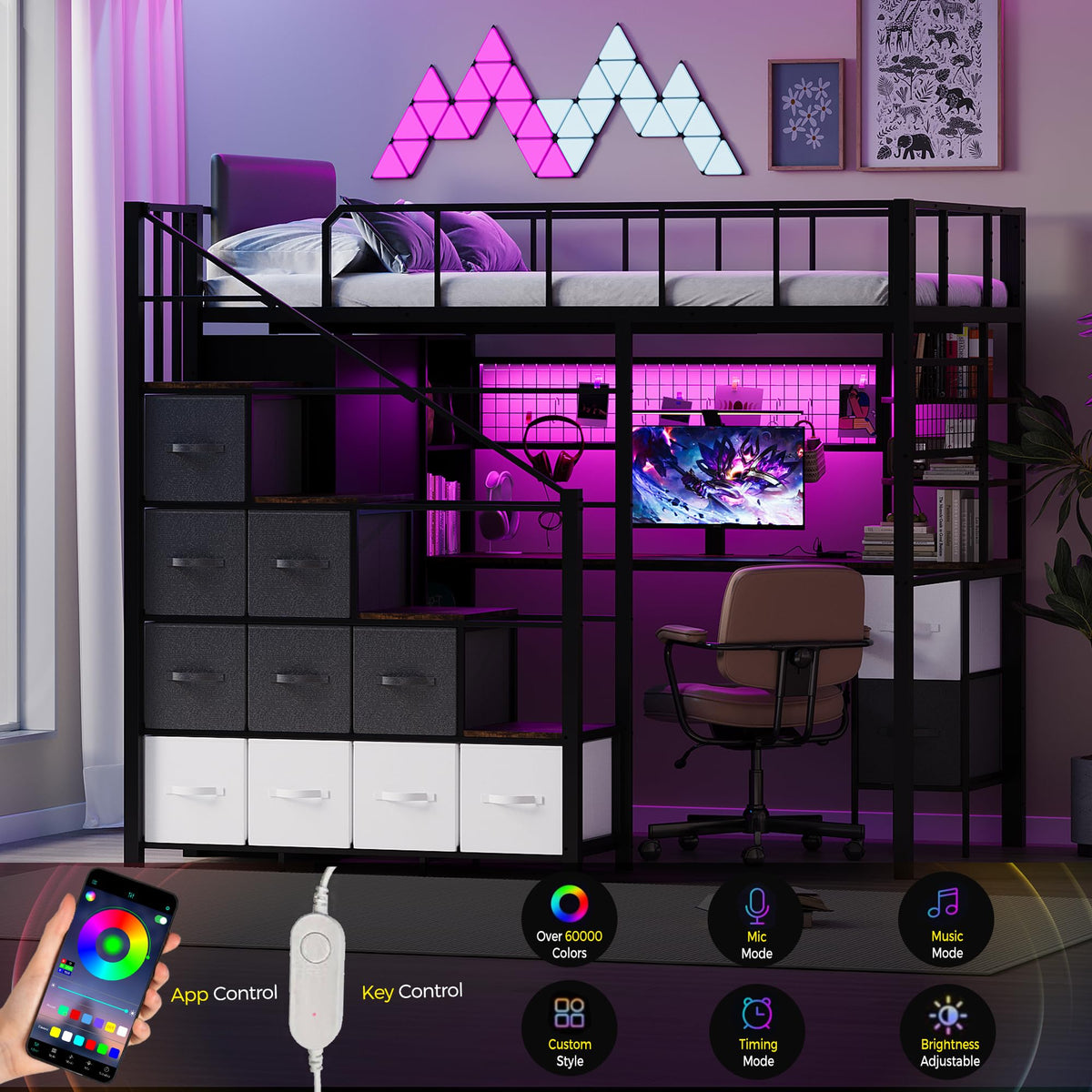Twin Size Metal Loft Bed with Desk, Stairs, LED Light, Headboard, Guardrail, Charging Station, Closet and Fabric Drawers, Black & Burnt Wood P3210