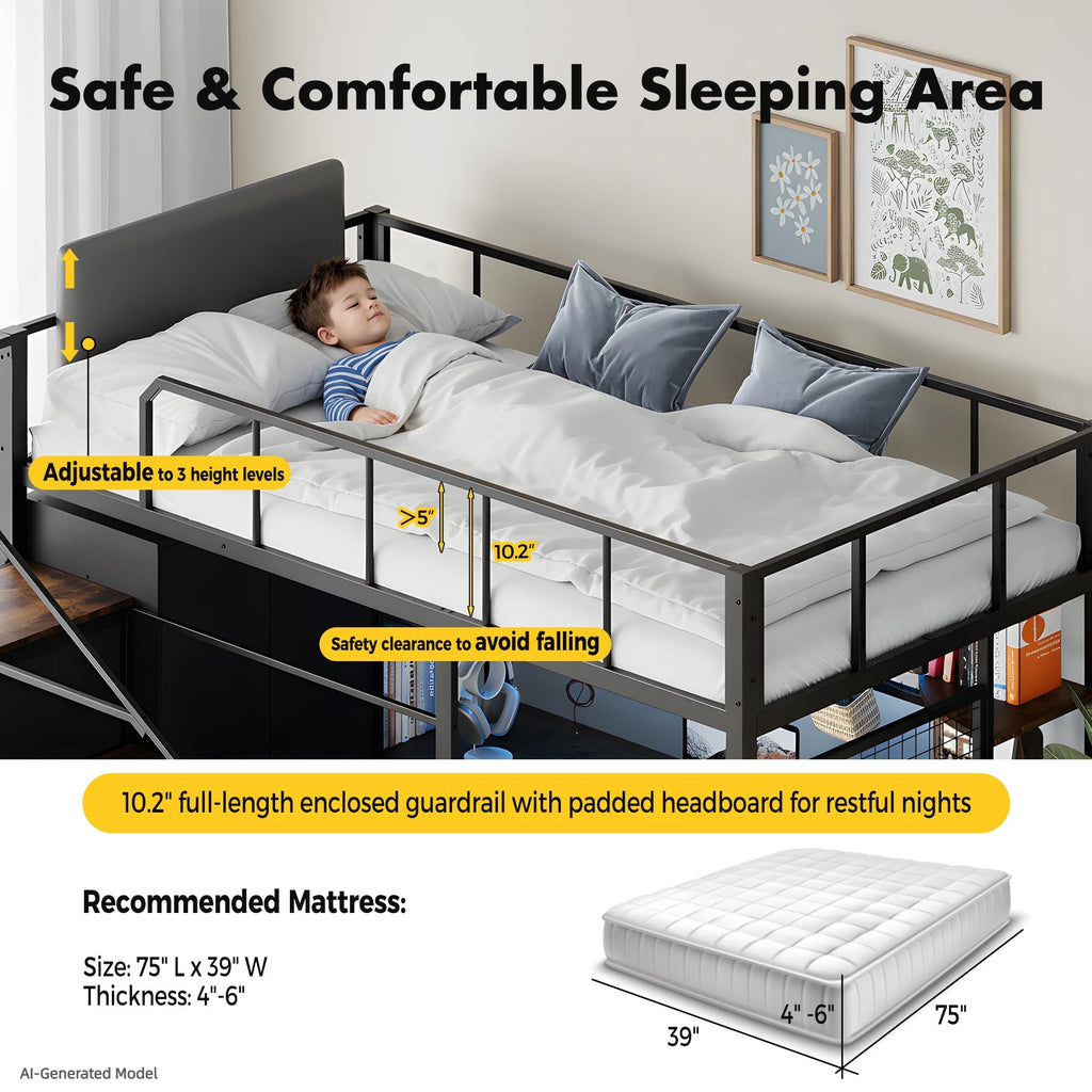 Twin Size Metal Loft Bed with Desk, Stairs, LED Light, Headboard, Guardrail, Charging Station, Closet and Fabric Drawers, Black & Burnt Wood P3210