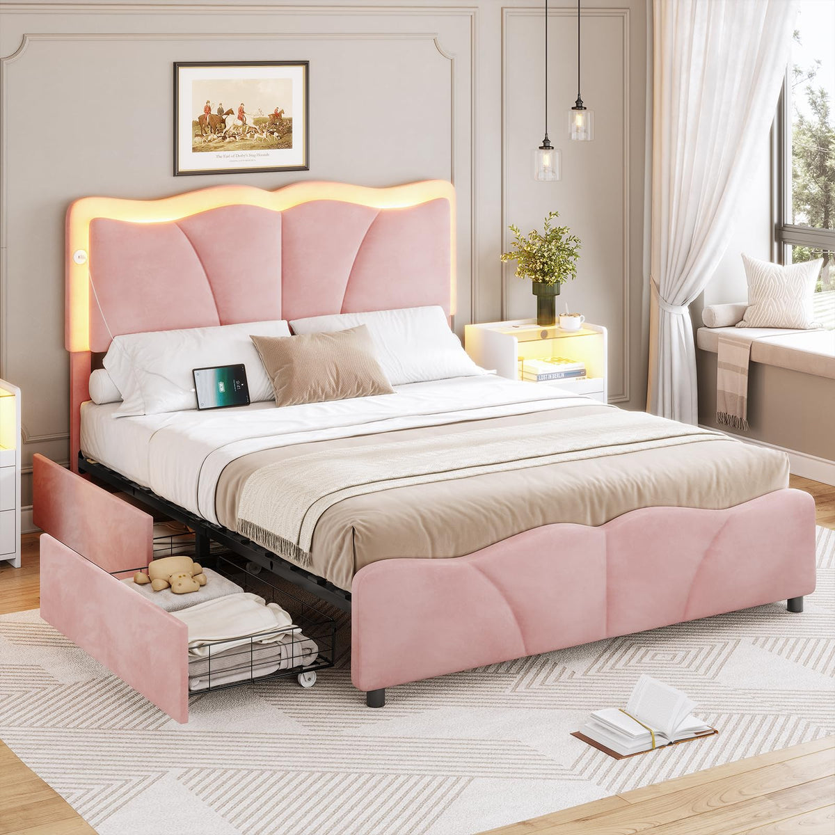 Pink Velvet Upholstered Platform Bed Frame with 4 Storage Drawers M627