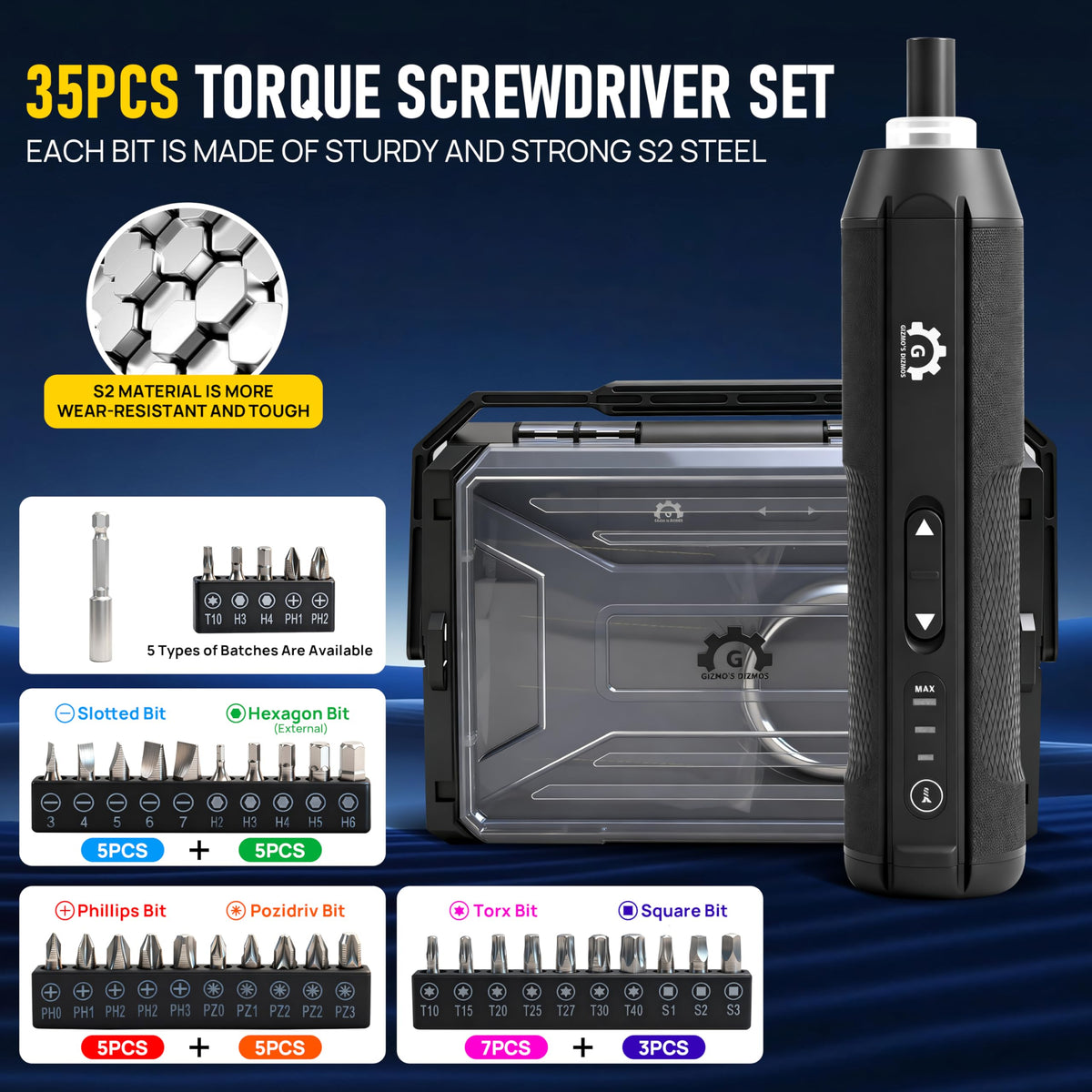 4V Electric Torque Screwdriver Set with 35 Magnetic Bits and Storage Box G60737