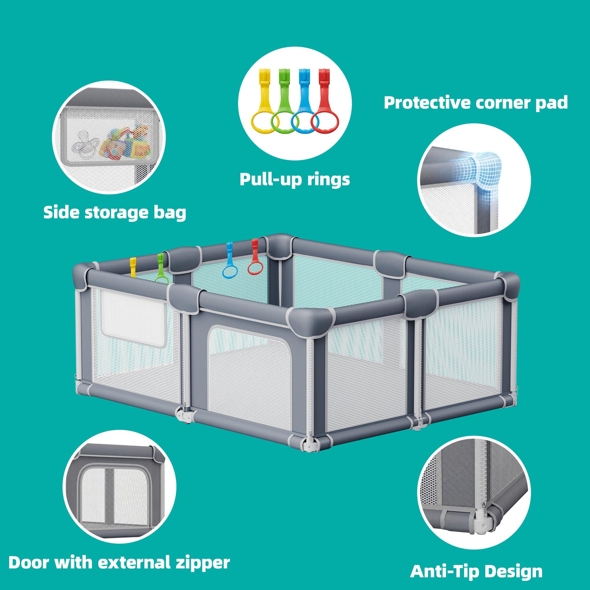 Foldable Baby Playpen with Mat, 71x59 Inches, Grey T63192