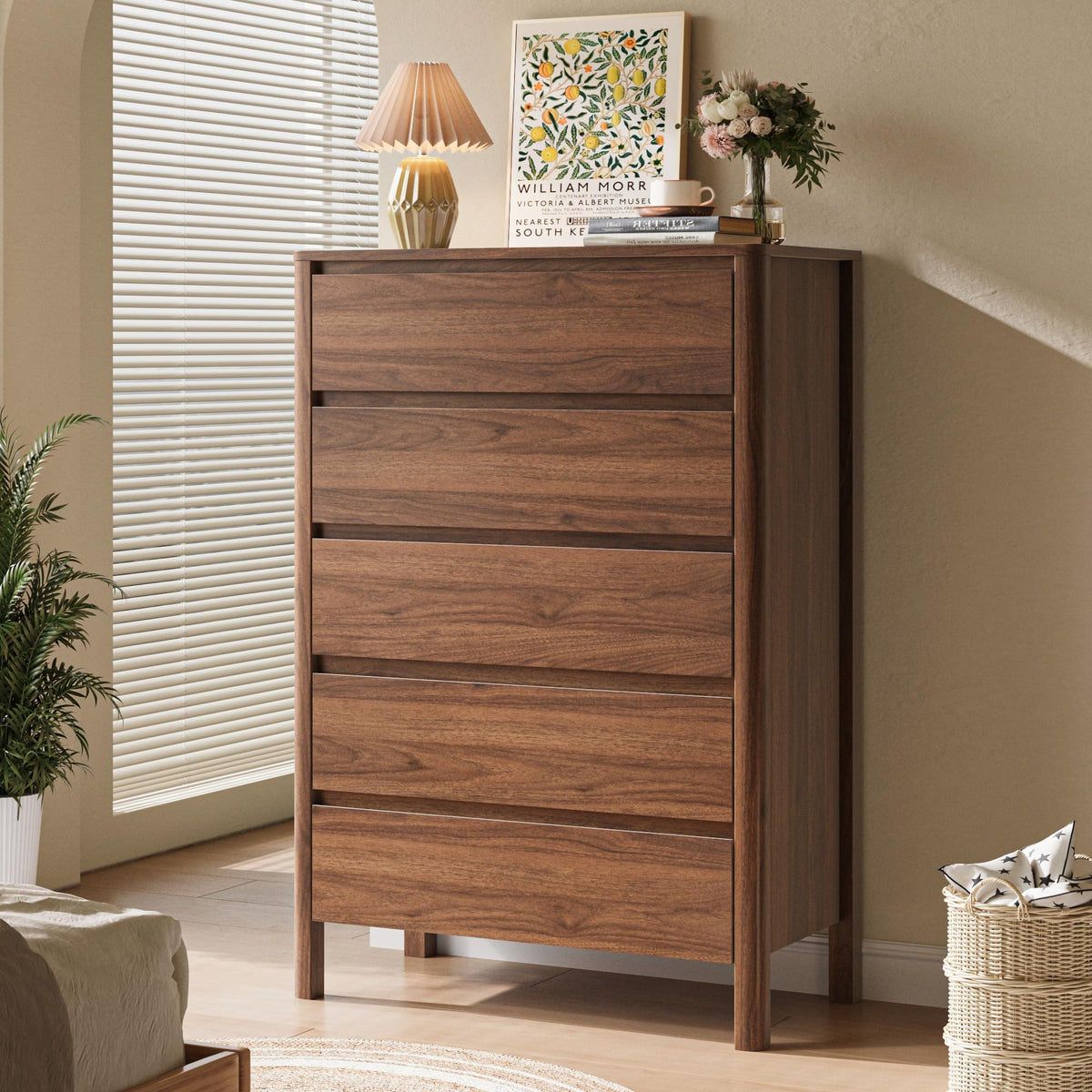 Walnut 5 Drawer Wood Dresser M530
