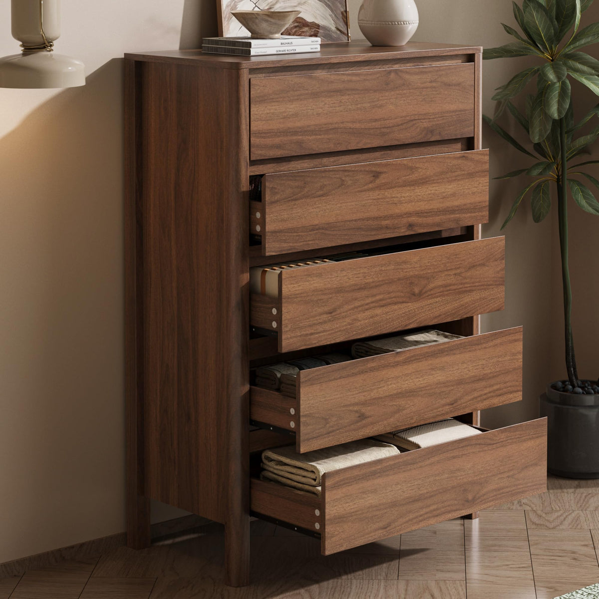 Walnut 5 Drawer Wood Dresser M530