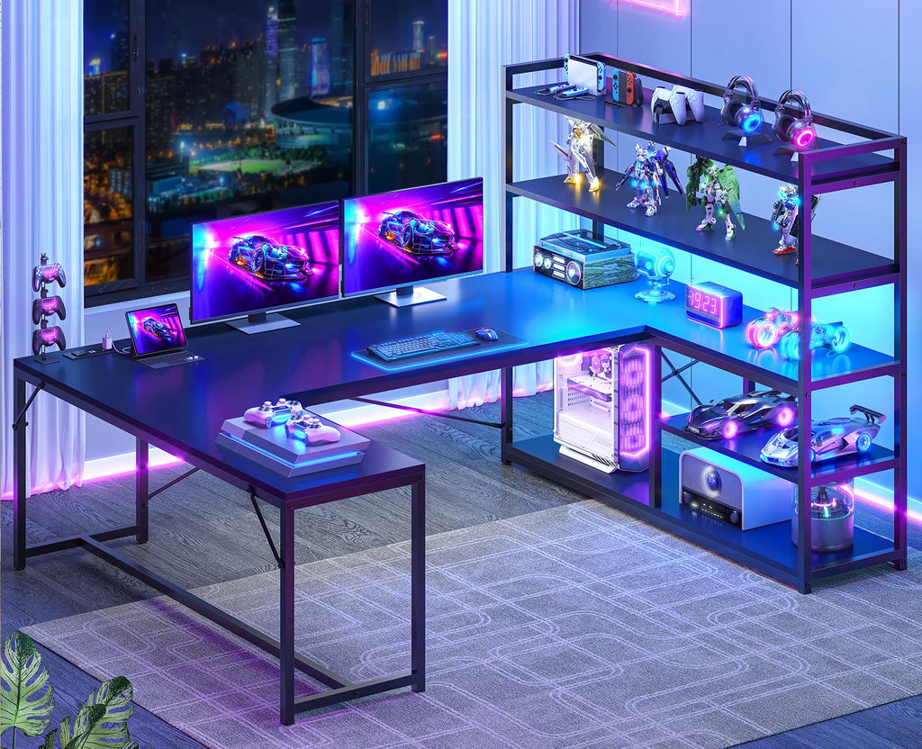 Black L Shaped Gaming Desk with Power Outlet and Storage Shelves F1368