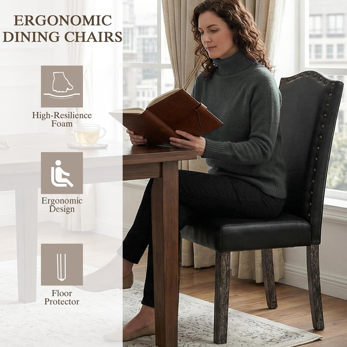 PU Dining Chair Set of 2 Upholstered with Copper Nails and Solid Wood Legs X87376