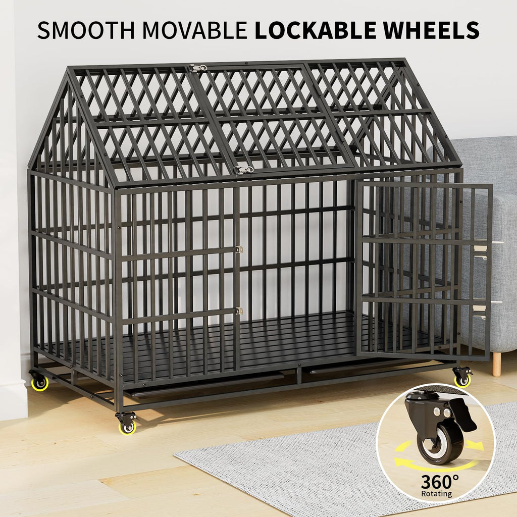 52 Inch Heavy Duty XXL Dog Crate with Open Roof Top, Trays and Wheels O5423