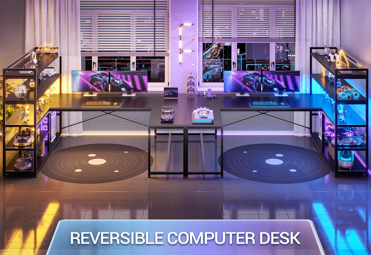 Black L Shaped Gaming Desk with Power Outlet and Storage Shelves F1368