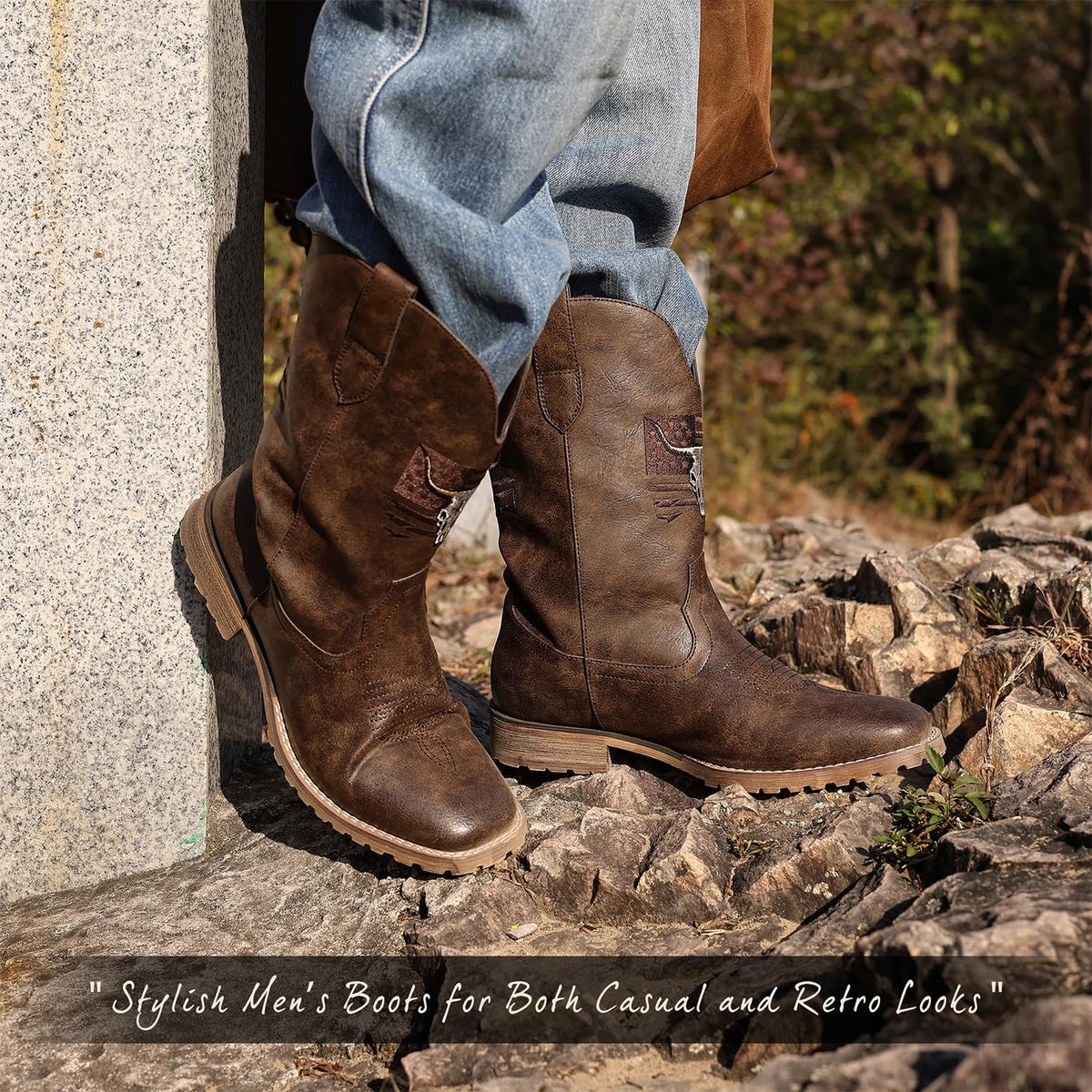 Vintage Distressed Brown Square Toe Mid-Calf Cowboy Boots I3230