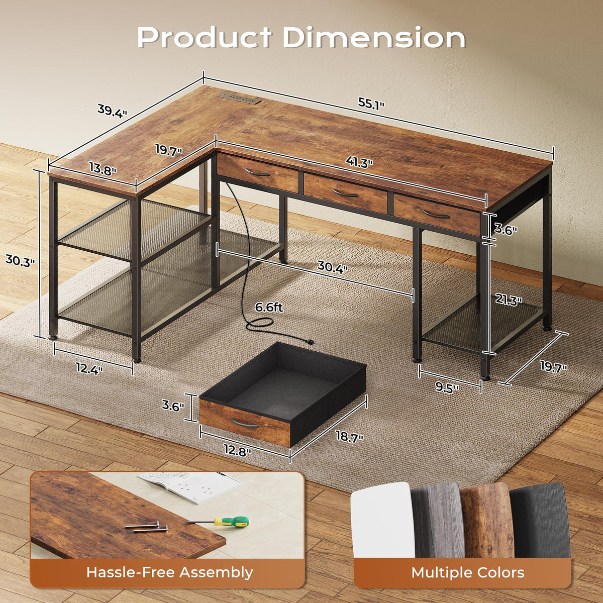 55 Inch L Shaped Office Desk with Power Outlets and Type-C Port C265