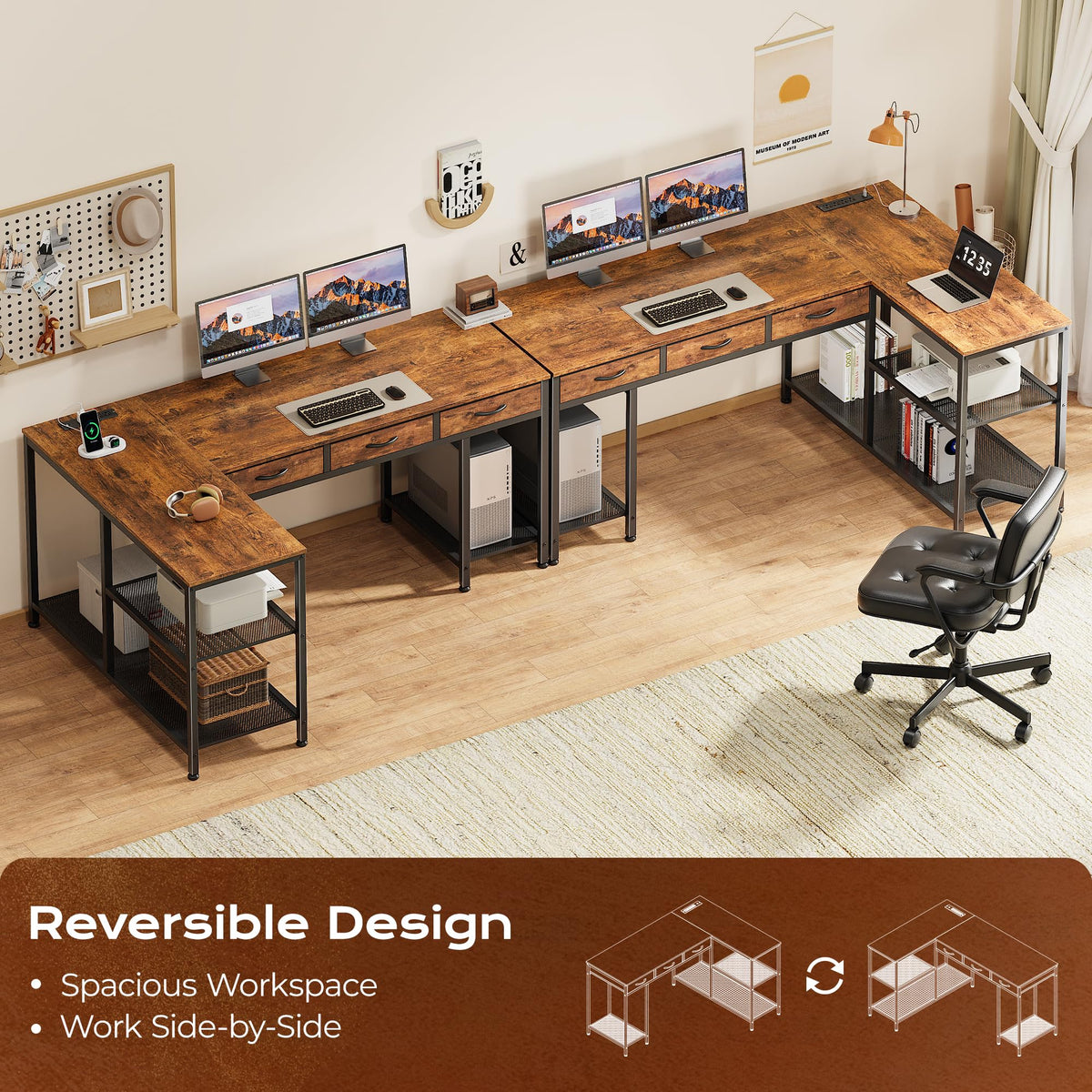 55 Inch L Shaped Office Desk with Power Outlets and Type-C Port C265