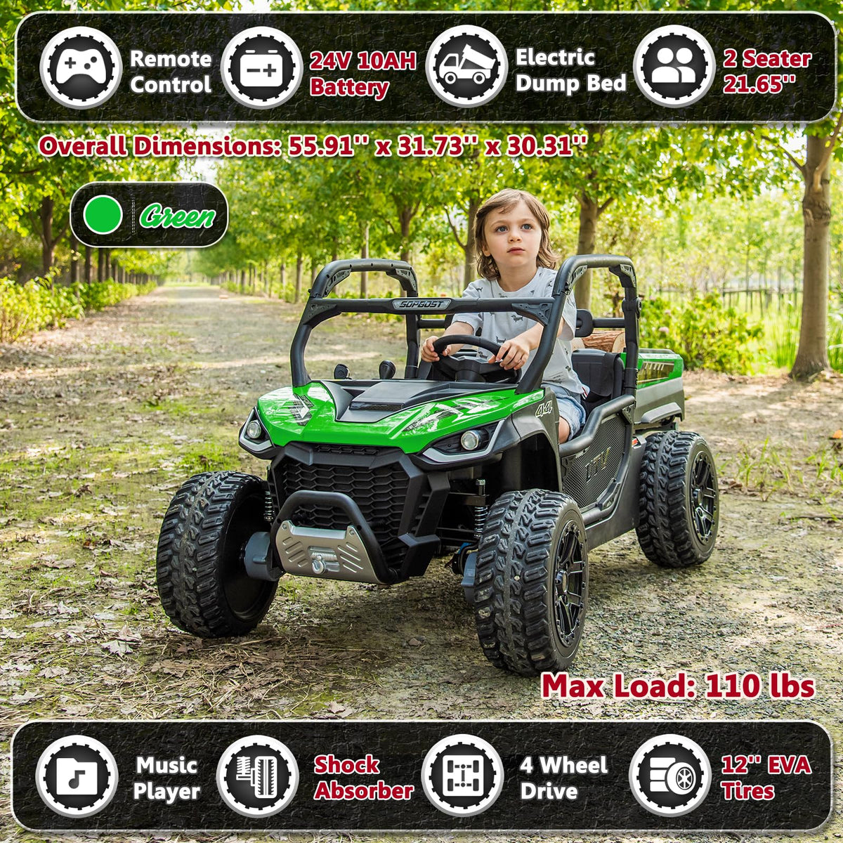 2 Seater 24V 10Ah Ride On Dump Truck with EVA Tires, Green Z40244