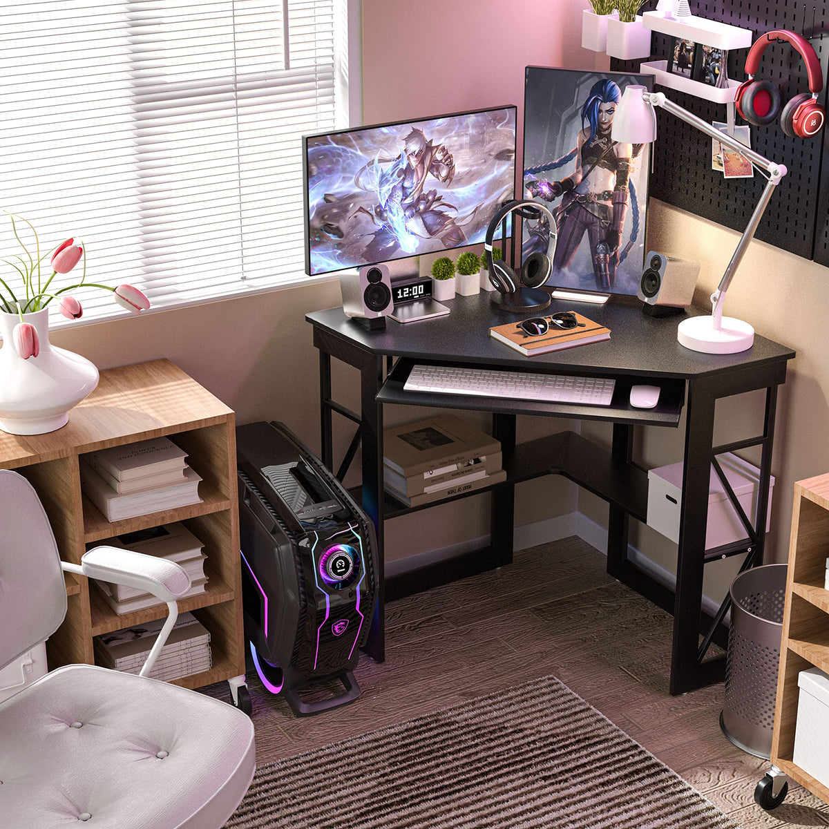 Black Corner Computer Desk with Keyboard Tray O6634