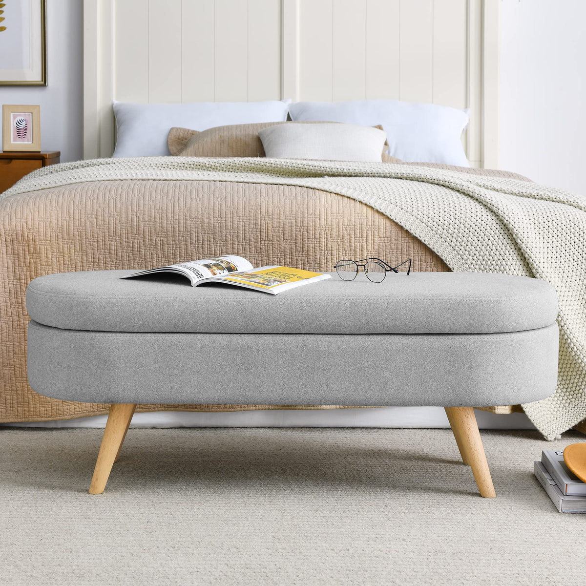 Oval Storage Bench with Rubber Wood Legs Z39340